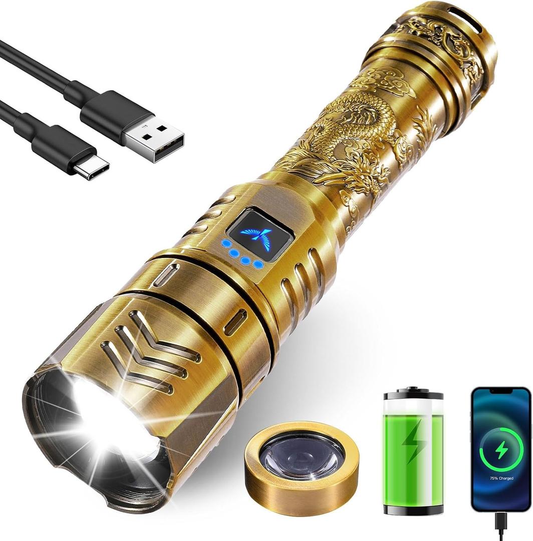 SKYFIRE LED Flashlights High Lumens with Ignition Lens,3000lm Super Bright Rechargeable Flashlight, Zoomable,Four Modes,Waterproof Tactical Flash Light for Camping Essentials,Outdoor and Home,Gift