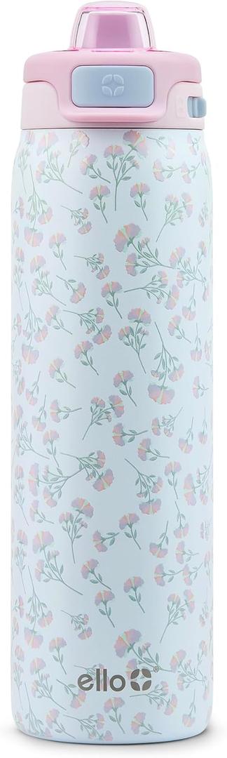 Ello Pop & Fill Stainless Steel Water Bottle with Quick Fill Technology, Double Walled Vacuum Insulated Metal, Leak Proof Locking Lid, Sip & Chug, BPA Free, Holiday Gift for Him Her, 22oz, 32oz, 40oz (Serene Blooms)