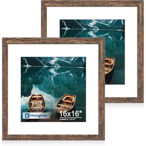 Hongkee 16x16 Frame Set of 2, Rustic Brown Wood Style - Display Square 12 x 12 with Mat or 16x16 without Mat, Wall Mounting Horizontal and Vertical