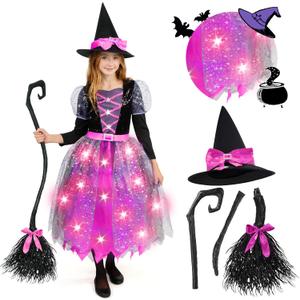 Spooktacular Creations Witch Costume Kids, Light Up Halloween Costumes Witch Dress with Hat and Broom for Girls, Sweet Wizard Set for Toddler Scary Halloween Themed Parties, Pink, 3T