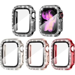 Goton 4-Pack Bling Case for Apple Watch Series 11/10 Screen Protector Case 42mm, Women Glitter Diamond Rhinestone Protector for iWatch Cover Accessories 42 mm (Red+Rose Gold+Starlight+Black( Glass))