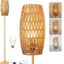 Ruiever Floor Lamp for Living Room,Farmhouse Floor lamp,Modern Standing lamp with Hand-Worked Rattan Shade (Drum Rattan Shade Body Gold Color-3 Color Bulb)