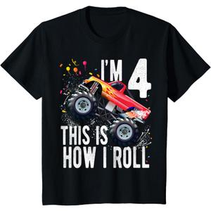 Kids 4 Year Old Shirt 4th Birthday Boy Monster Truck Car T-Shirt, Size Kids S