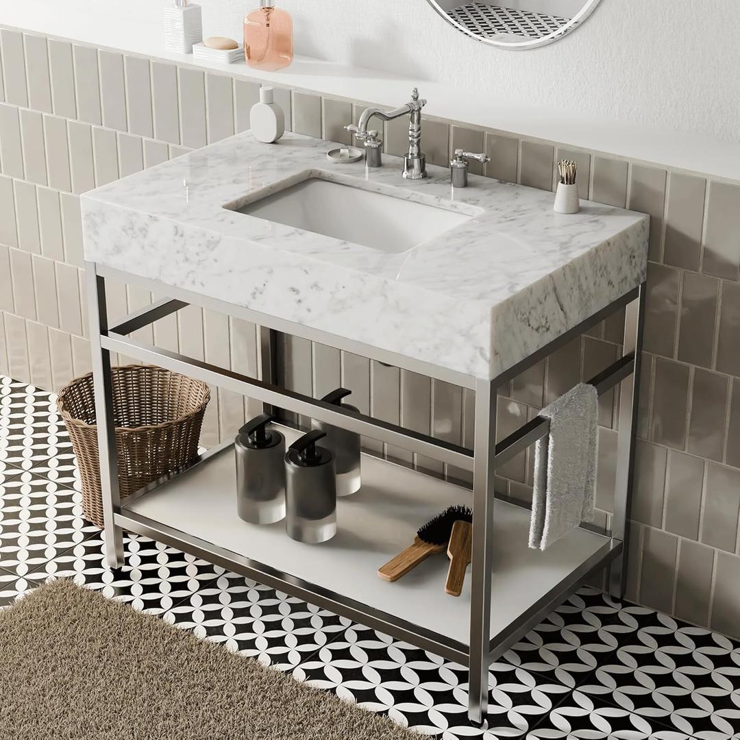 Gesipor Bathroom Carrara Marble Vanity with Sink 36" x 21" Freestanding Console Utility Sink with Tempered Glass Shelf for Washing Room Laundry Room (Silver Legs)