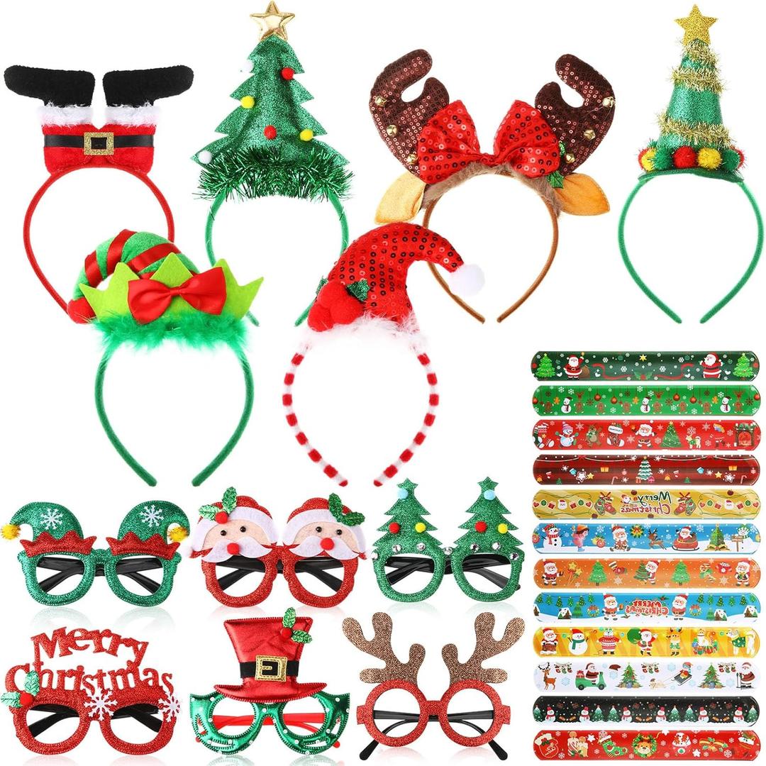 24 Pcs Christmas Party Favor Supplies Christmas Headbands and Glasses Slap Bracelets Set Xmas Tree Santa Claus Deer Hat Headwear Gifts Bulk for Xmas Party Decoration Masquerade Photo Props