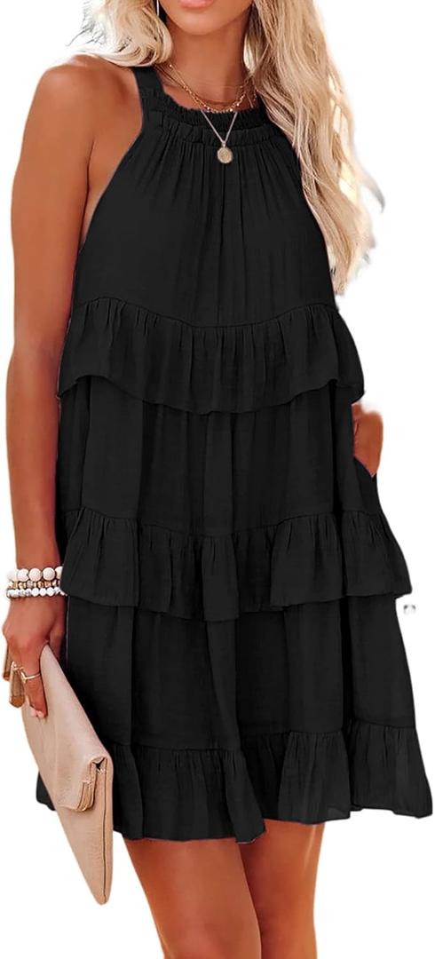 R.Vivimos Women's Summer Dress Boho Sleeveless Halter Layered Ruffle Casual Swing Mini Dress with Pockets (Medium, Black)