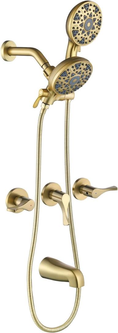 3 Handles Shower Faucet Set with Tub Spout Bathtub Shower Faucet Combo Set Shower System Complete Tub and Shower Trim Kit Brushed Gold Wall Mounted Shower Fixtures
