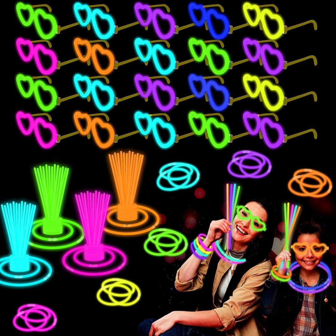 20 Pack Glow Glasses 4th of July Party Favor Supplies with 80 Glow Sticks & Connectors(for 20 Neon Heart Glasses,40 Bracelets or 13 Necklaces),Glow in the Dark Party Accessories Decorations for Parade