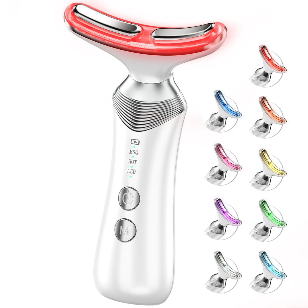 Dopsikn 9in1 RedLightTherapyforFaceandNeck, Portable Facial Massager Tool with Adjustable Vibration & Thermals for Wrinkles, Double Chin, White