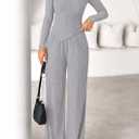 PRETTYGARDEN Fall Two Piece Sets For Women 2026 Off Shoulder Tops Long Pants Knit Matching Lounge Set Airport Travel Outfits(Light Grey,Large) (L)