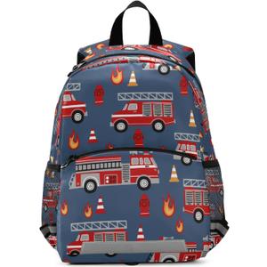 Fisyme Fire Trucks Blue Backpack Schoolbag Kids Daypack Toddler Travel School Bag Small Mini Backpacks for Kindergarten Preschool Nursery Children Boys Girls with Chest Strap (Multicolor-4)