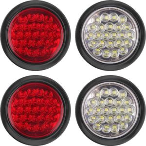 4Pcs 4 Inch Round Led Stop Turn Tail Brake Backup Reverse Lights 24 LED Waterproof 4 Inch Round LED Trailer Tail Lights for Trucks RV W/Lights Grommets 3-Prong Trailer Wire Pigtails 12V (2Red+2White)