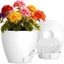 Self Watering Pots with Drainage Holes, 2 Pack 8 Inch Plant Pots with Water Level Indicator Deep Reservoir, Large Plastic Planter for Indoor Outdoor Plants - White