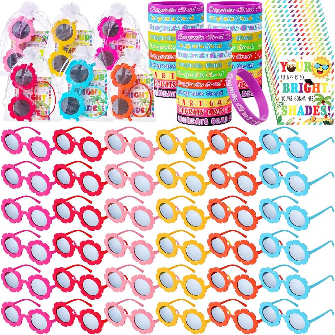 36 Set End of Year Student Gifts from Teacher Bulk Graduation Gifts Kids Sunflower Sunglasses with Inspirational Cards Silicone Bracelet Wristbands Kindergarten Preschool Party Favor