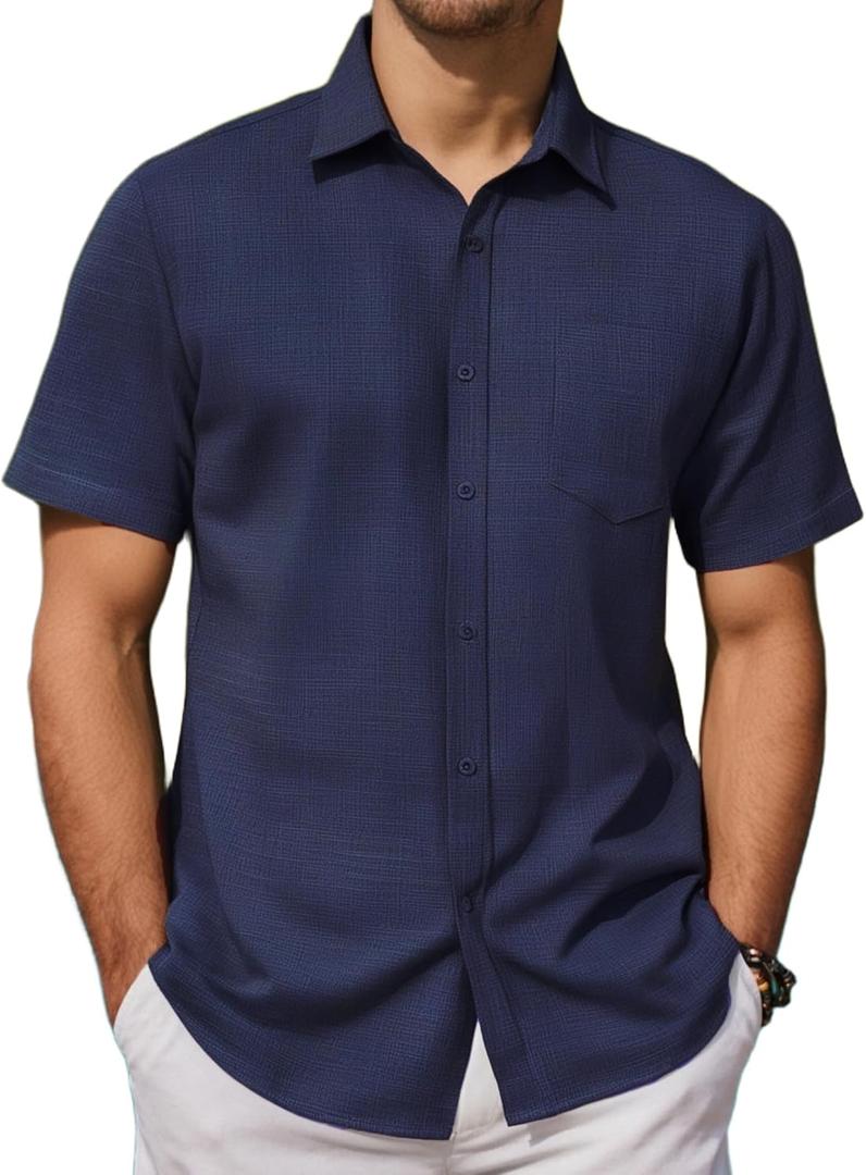 COOFANDY Mens Button Down Short Sleeve Shirt Casual Textured Shirts Summer Beach Shirts with Pocket (Pink, XXL)