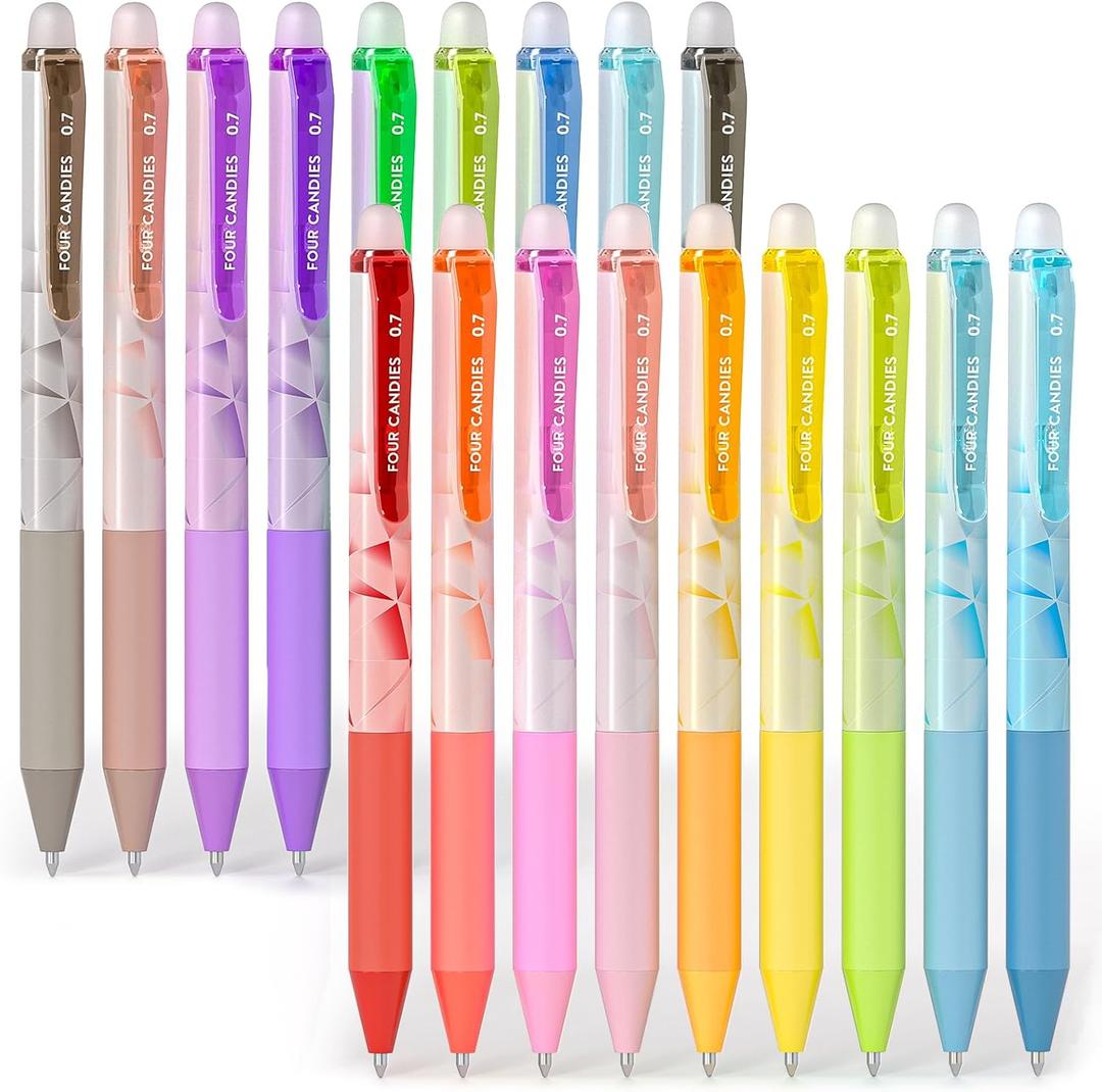 Four Candies 0.7mm Erasable Gel Pens, Make Mistakes Disappear Colored Pens, 18 Colors Retractable Fine Point Erasable Pens for Writing, Drawing, Planner & School Supplies