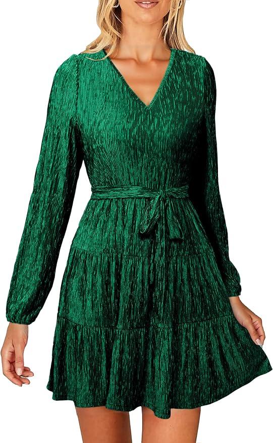 Bacrelax Simplee Womens Velvet Long Sleeve V Neck Fall Dress Tiered Flowy Mini Cocktail Dress Winter Casual Short Dresses 2025 Size L