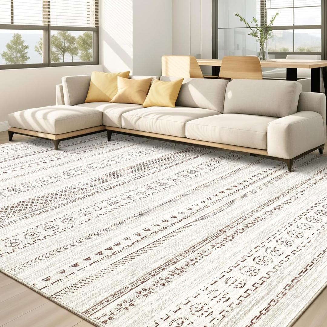 Area Rug Living Room Rugs - 8x10 Washable Boho Farmhouse Bohemian Neutral Large Moroccan Geometric Soft No Slip Indoor Thin Floor Carpet for Bedroom Under Dining Table Home Office - Brown