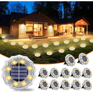 Solar Ground Lights 12 Pack Waterproof Outdoor LED Solar Garden Lights Bright Solar Powered Disc Light In-Ground Landscape Lighting for Patio Pathway Walkway Driveway, Warm White