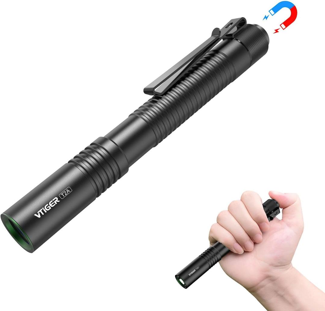 VTIGER T2A Compact EDC Flashlight,1500 High Lumens AA Rechargeable LED Flashlight, Super Bright Small Tactical Tail Switch Pocket Flash Light with Magnet for Camping,Hiking,Outdoor,Home,Emergency (Black)
