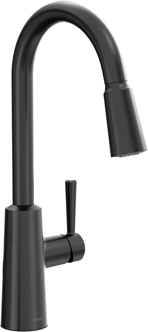 Moen Riley Matte Black One-Handle Modern Pulldown Kitchen Faucet Featuring Power Boost for a Faster Clean and Reflex Docking System for The Spray Head, 7402BL