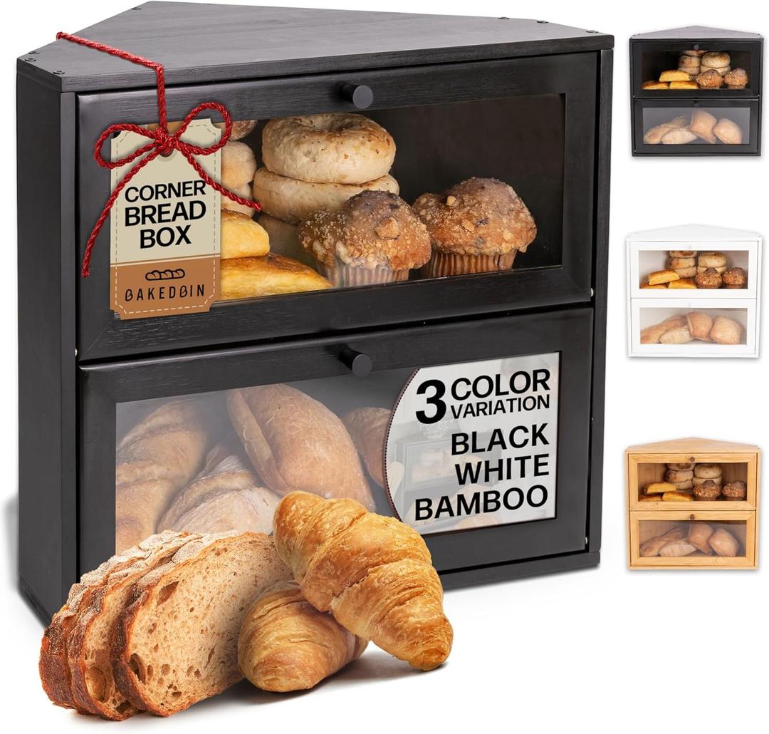 Corner Bread Box for Kitchen Countertop - New 2025 Airtight Design - Extra Large, Double Layer Black BreadBox, Vintage Storage for Homemade Bread, Under Cabinet Organizer