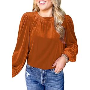 Womens Puff Long Sleeve Velvet Tops Fall Winter Trendy Dressy Cute Elegant Ruched Holiday Tunic Shirts  L, Rusty Brown