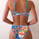 Fanuerg Women's Triangle Bikini Sets O Ring Linked Two Piece Swimsuits Floral Printed Cheeky Bathing Suit (Blue, M)