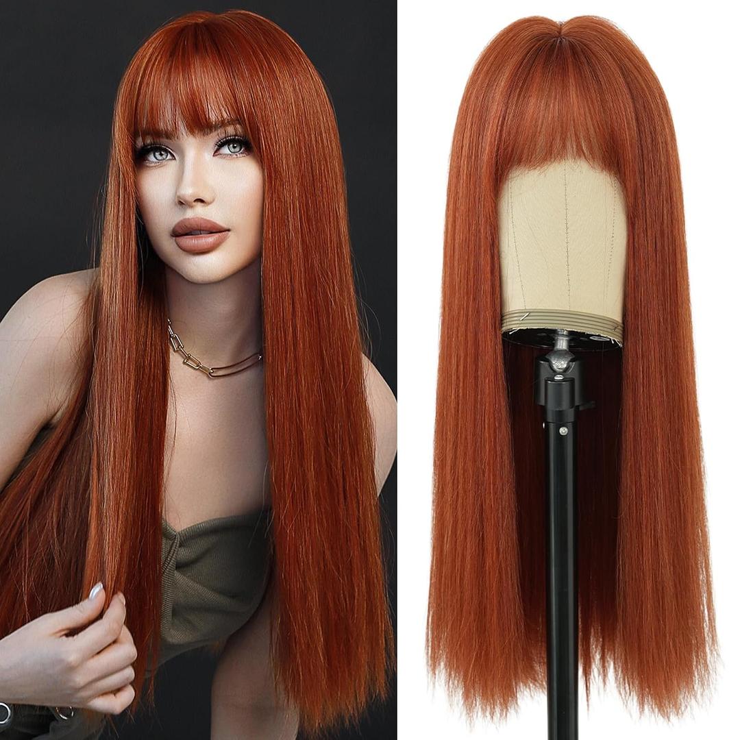 7JHH WIGS 26Inch Long Straight Wig with Bangs Ginger Wig Heat Resistant Synthetic Ginger Orange Wig Make Natural Looking Wigs for Women Party Cospaly and Daily Used