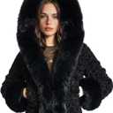 Wyeysyt Women's Faux Fur Coats with Hood Winter Warm Cropped Hoodie Jacket Long Sleeve Thick Short Outerwear with Pockets (Black, M)
