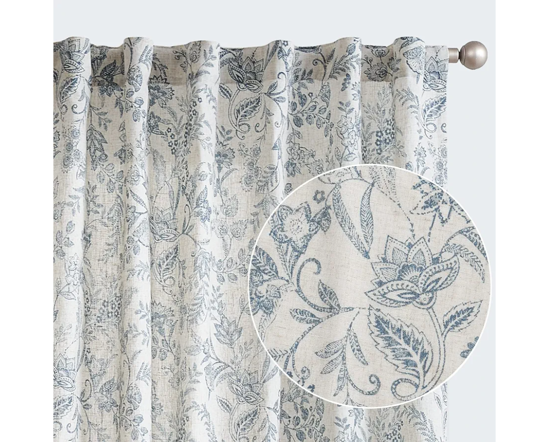 Lazzzy Linen Curtains Farmhouse Blue Floral Print 84 Inches Long Back Tab Drapes for Living Room Bedroom Semi Sheer Patterned Country Vintage 2 Panels Set Rod Pocket Blue on Beige