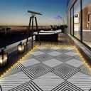 8x10ft Waterproof Outdoor Rug with LED Lights, Foldable Reversible Plastic Straw Mat for Patio RV Camping Picnic Balcony Beach Deck Indoor Outdoor Carpet, Black&White
