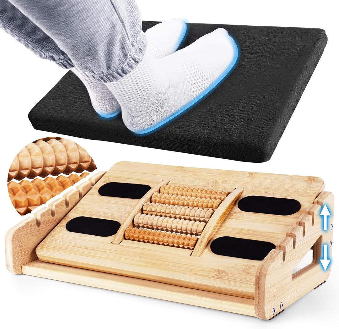 Woodever Foot Rest for Under Desk at Work, Bamboo Dual Side Footrest with Reflexology Massager Roller, 5 Heights Adjustable Foot Stool, Ergonomic Leg Support to Relieve Lumbar, Back, and Knee Pain