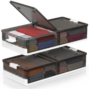 2-Pack Foldable Under Bed Storage with Wheels  Plastic Containers with Secure Buckles  Stackable, Rolling Bins for Shoes, Clothes, Books, Toys
