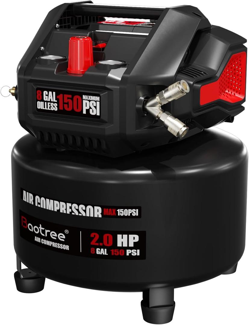 Baotree 8 Gallon Portable Air Compressor, Max 150PSI Oil Free Air Compressor Tank, 2HP Motor 2.8SCFM@90 PSI,3.8SCFM@40PSl Garage Air Compressors for Car Repair, Spray Painting, Woodwork Nailing