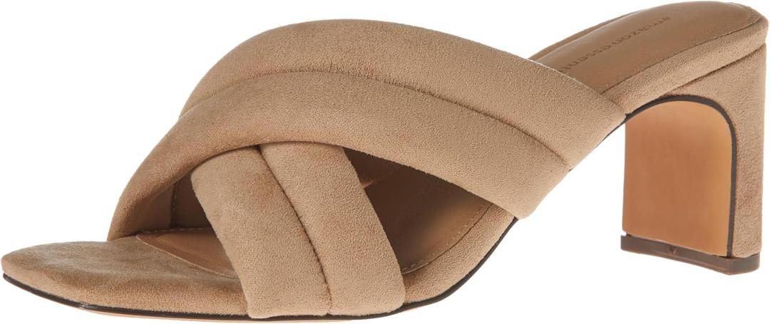 Amazon Essentials Women's Crossover Heeled Sandal with Padded Straps and Memory Foam Insole (12, Beige Faux Microsuede)