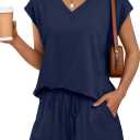 AUTOMET 2 Piece V Neck Cap Sleeve Shirt and Shorts Set Womens Matching Summer Lounge Sets (Small)