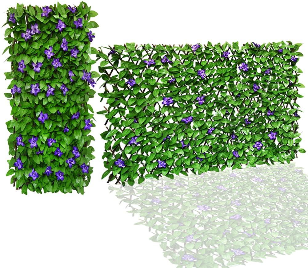 Expandable Fence Privacy Screen for Balcony Patio Outdoor,Decorative Faux Ivy Fencing Panel,Artificial Hedges (2, Purple Flower)