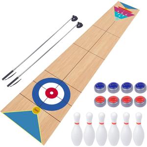 Shuffleboard, Curling and Bowling 3 in 1 Board Game Set,with 8.98 Foot Game Mat,2 Cues,8 Curling Rocks,6 Bowling Pins,Fun Family Game