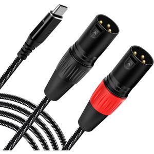 USB C to Dual XLR Male Audio Cable, 6.6FT USB C to 2 Male XLR Stereo Power Amplifier Cable for Mobile Phone Connection Active Speaker, Black Braided
