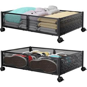 Under Bed Storage Containers with Wheels, Under Bed Shoe Storage Organizer Drawer, Tool-free Assembly Metal Storage Containers for Bedroom Clothes Shoes Blankets -2PCK (2 Pack(15.723.6"), Black)