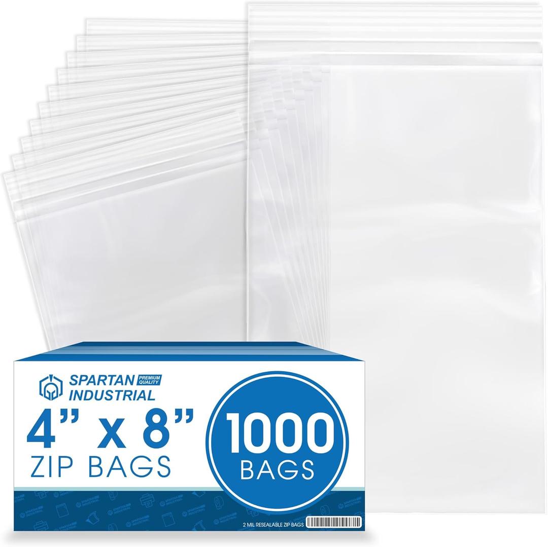 Spartan Industrial - 4 X 8 (1000 Count) 2 Mil Clear Reclosable Zip Plastic Poly Bags with Resealable Lock Seal Zipper
