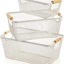 Noamus 3 Pack Metal Mesh Baskets with Wood Handle, Iron Storage Organizer Basket, Cream White Wire Countertop Baskets for Organizing, Cabinet Pantry Closet Bedroom Kitchen (3 Size)