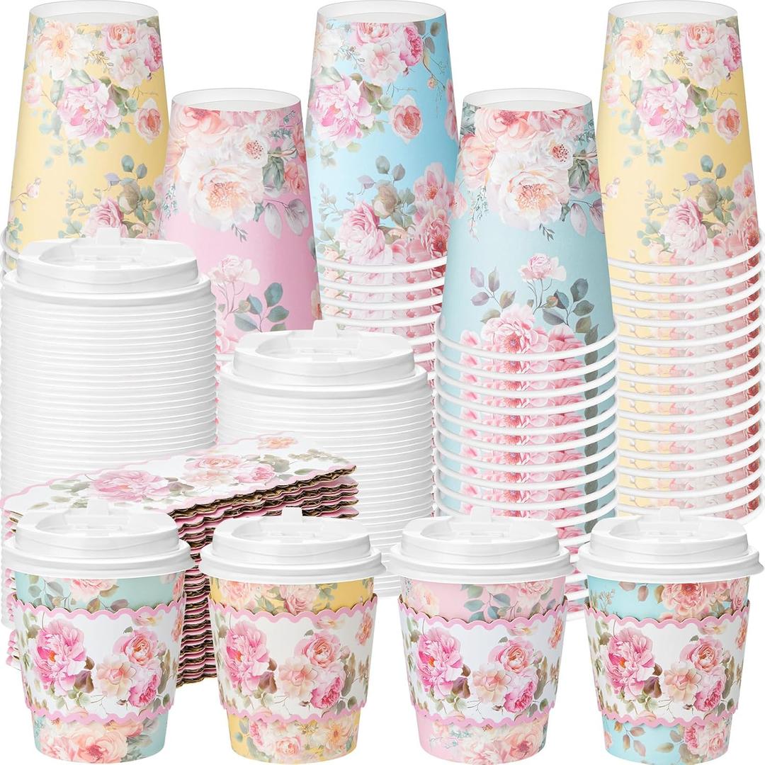 Jingmore 48 Pcs Floral Paper Coffee Cups with Lids and Sleeves Colorful Flower Design Disposable Coffee Cups for Tea Party Wedding Reception Baby Shower Supplies (8 oz)