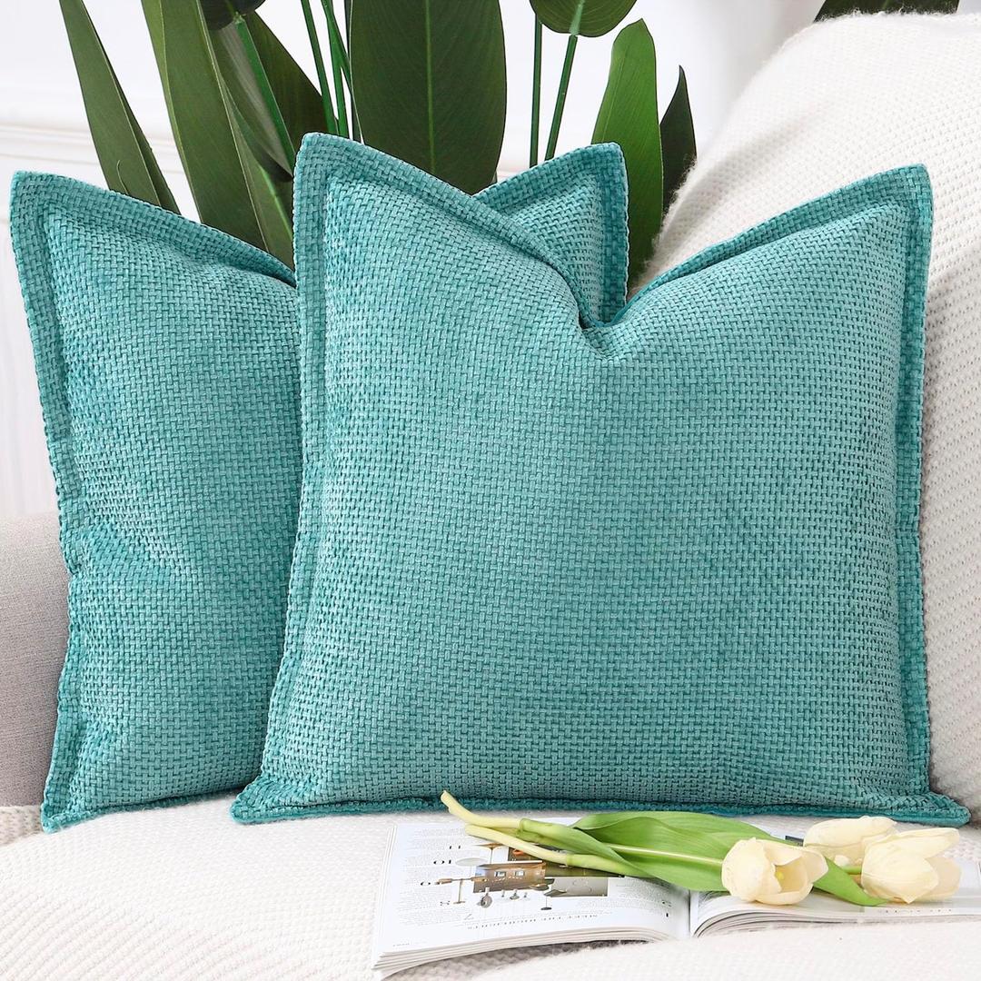 MADIZZ Chenille Velvet Throw Pillow Covers with Flange Set of 2 Super Soft Boho Textured Pillow Covers Decorative Throw Pillowcases Modern Farmhouse Home Decor for Sofa Bedroom Turquoise 16x16 Inch