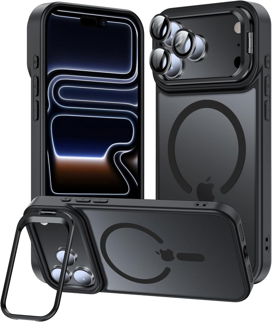 TOBOVON for iPhone 17 Pro Max Case, Fits MagSafe, with Built-in Camera Ring Stand & Lens Protector, Slim Translucent Matte Military-Grade Drop Protection Magnetic Cover, Black