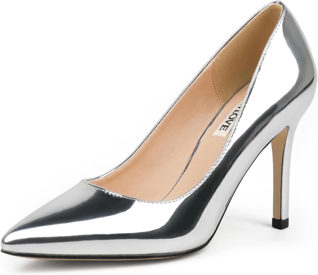 JOY IN LOVE Women's Pumps Shoes 3.5" High Heels Pointy Toe Stiletto Pumps (6, Silver Patent)
