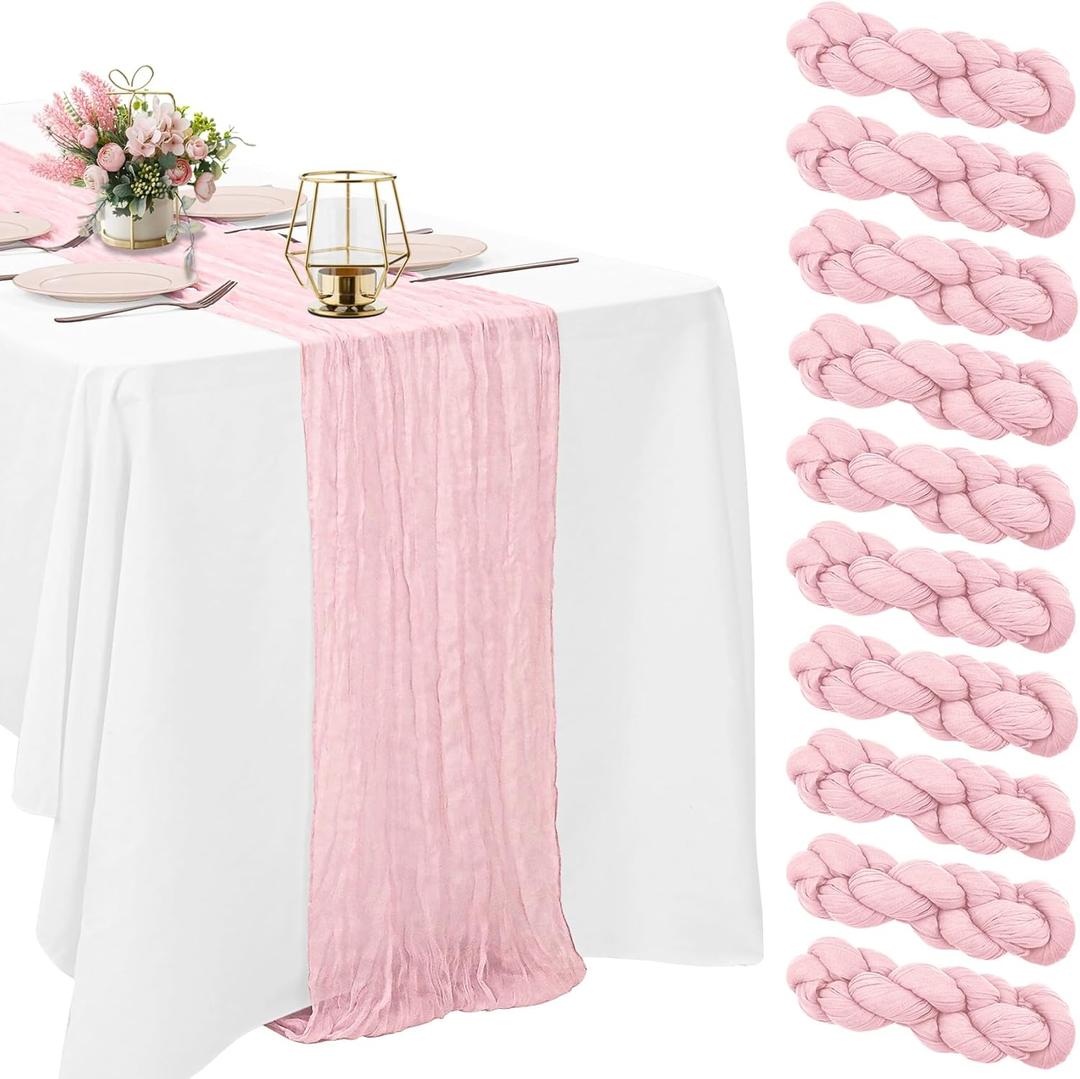 10 Pack Light Pink Cheesecloth Table Runner 10FT Boho Gauze Fabric Table Runner Vintage Rustic Sheer Runners for Wedding Party Bridal Baby Shower Long Table Decorations (21"x120")
