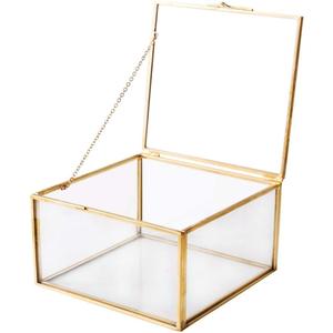 Golden Glass Jewelry Keepsake Square Box, Home Decor Display, Vintage Organizer, Decorative Brass & Clear Glass Box, 5x5x3