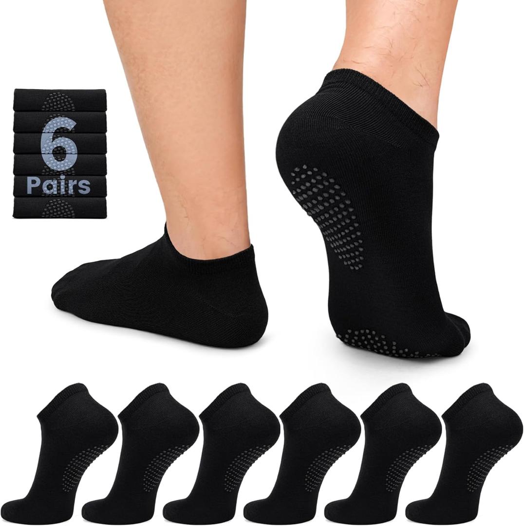 FuelMeFoot Men's Non Slip Yoga Socks with Grips Anti Slip Socks with Cushion for Hospital, Pilates, Fitness Grippy Socks (Large-X-Large, 07 6*black)